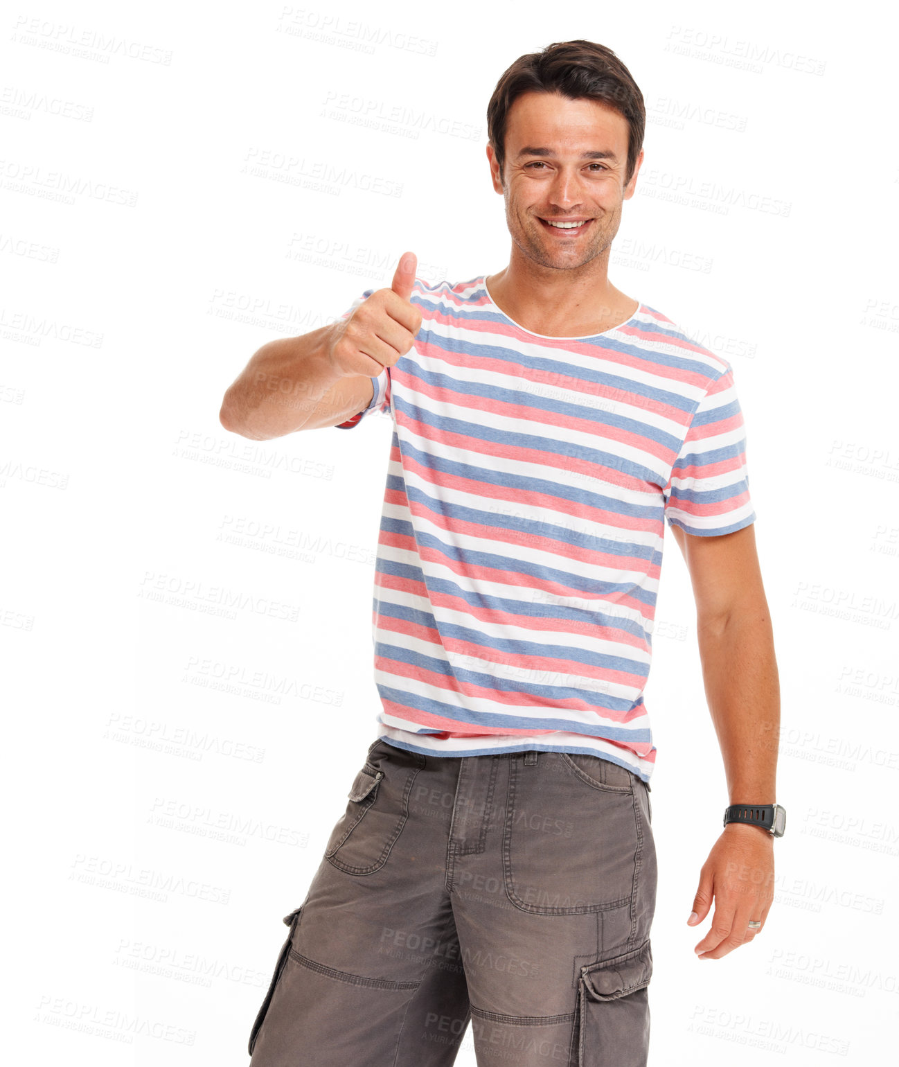 Buy stock photo Success, thank you and thumbs up with portrait of man for feedback, support or winner. Vote, yes or agreement with isolated guy model and hand gesture for promotion, goal or trust in white background