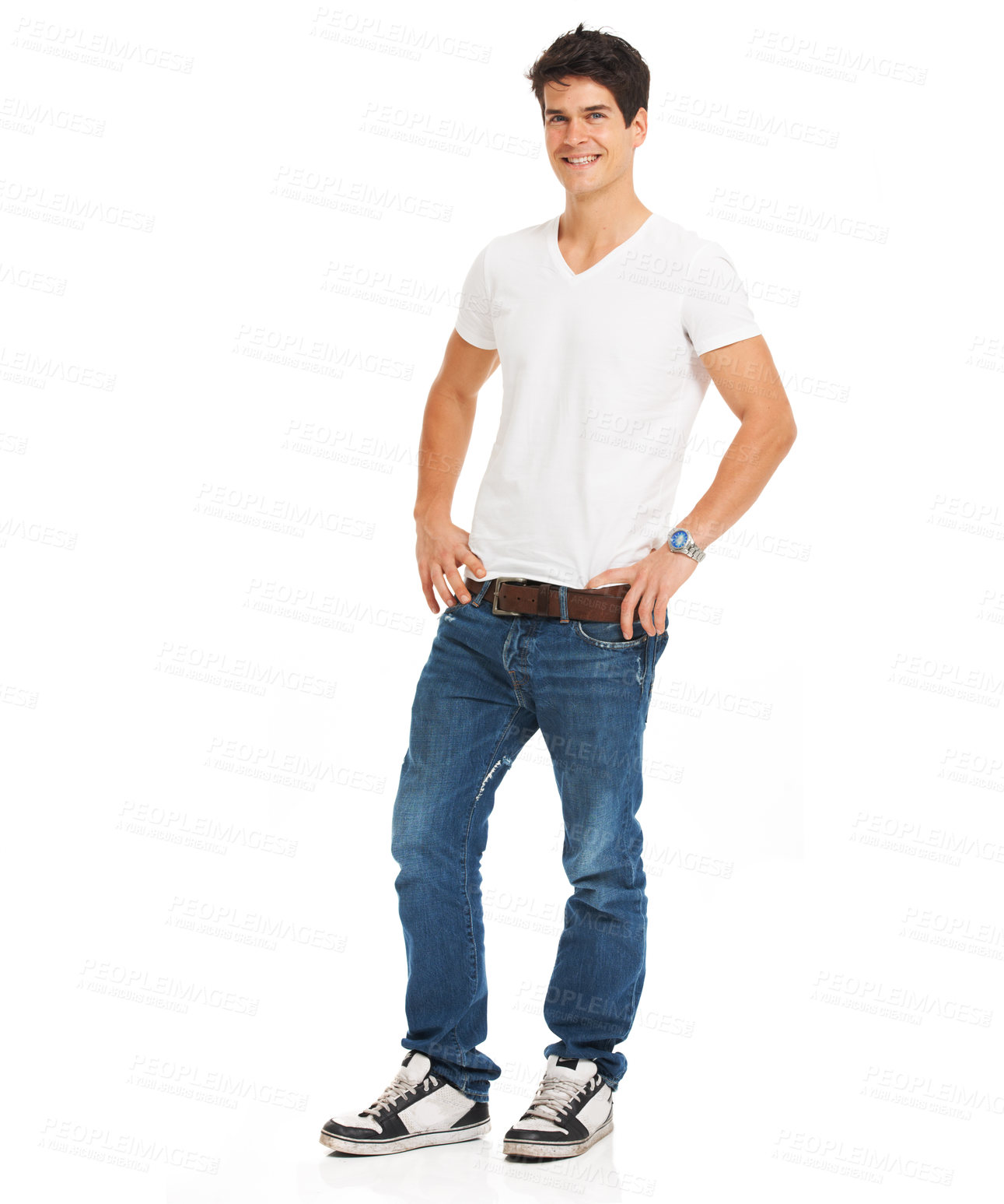 Buy stock photo Portrait, beauty and man with a smile, casual outfit and confident guy isolated against a white studio background. Face, male person and model with full body, happiness and trendy clothes on backdrop