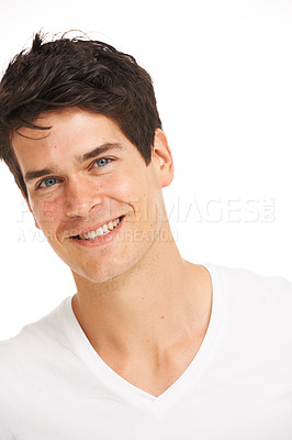 Buy stock photo Face, portrait and happy young man with fashion, skincare and relaxed with white studio background. Caucasian model, smile and natural aesthetic with close up for cosmetic, clean skin and confident
