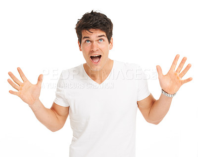 Buy stock photo Studio, man and surprise with hands up, excited and mouth open with isolated on white background. Happy person, shocked face and amazing news in mockup for deal, announcement and omg gesture or wtf