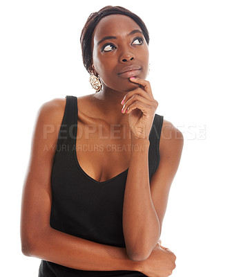 Buy stock photo Isolated, thinking and confused with black woman in studio for doubt and decision. Contemplating, modern and brainstorming with girl isolated on white background for thoughtful, unsure and goal