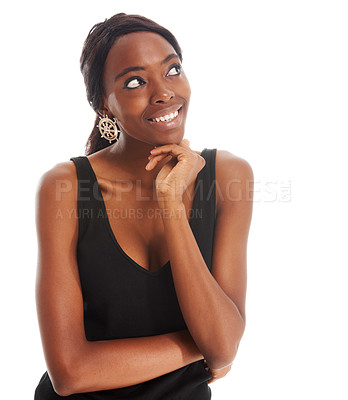 Buy stock photo Isolated, thinking and smile with black woman in studio for idea and vision. Positive person and thoughtful, natural model standing on white background for decision, choice and mockup space