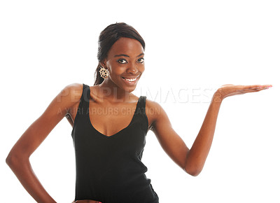 Buy stock photo Isolated, promotion and smile with portrait of black woman for advertisement, information and branding mockup. Deal, sales and choice with face of girl in white background studio for confident design