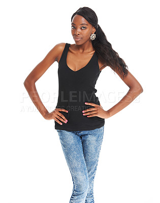 Buy stock photo Beauty, fashion and isolated with portrait of black woman and mockup for attractive, youth and designer. Creative, cute and elegant with girl model on white background for modern, trendy or real