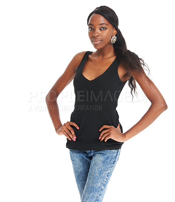 Buy stock photo Fashion, isolated and makeup with portrait of black woman and mockup for attractive, youth and designer. Creative, cute and elegant with girl model on white background for modern, trendy or real