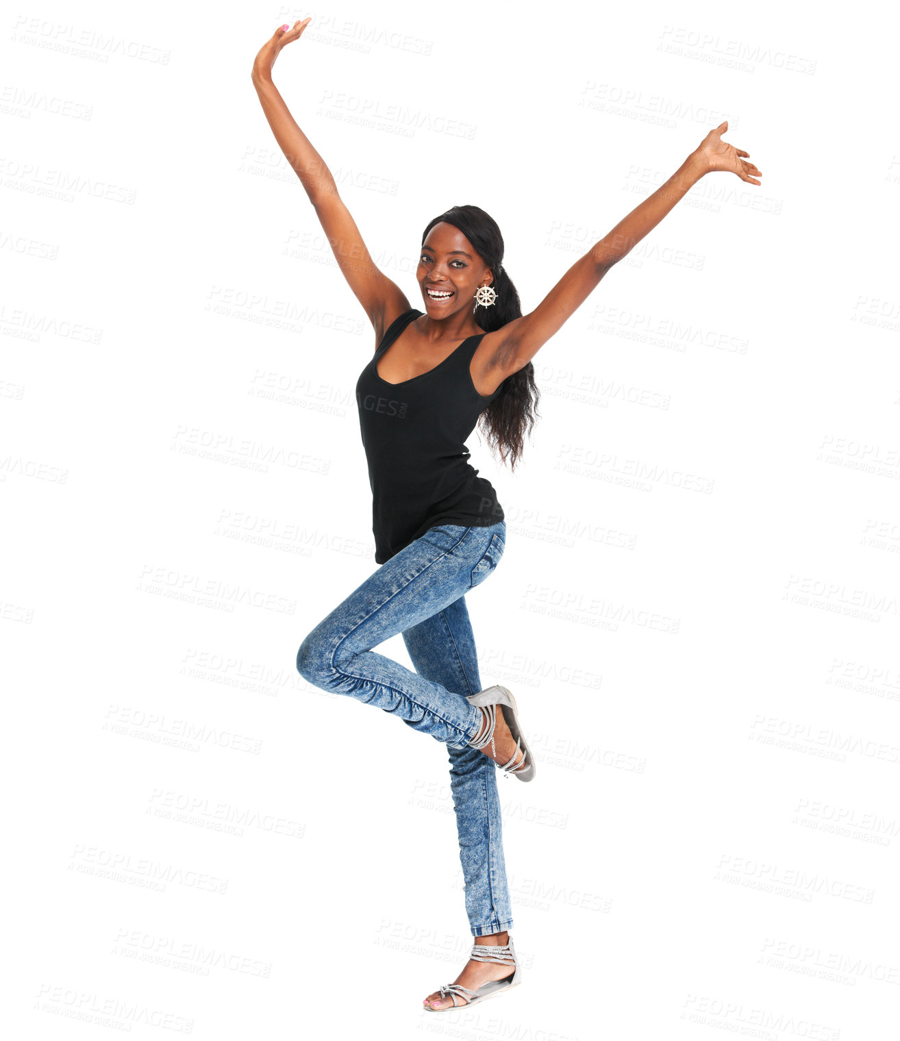 Buy stock photo Woman, arms up and celebration in studio portrait happy winner, achievement or congratulations. African female, smile and white background mockup excited review or pride, space or emoji opportunity