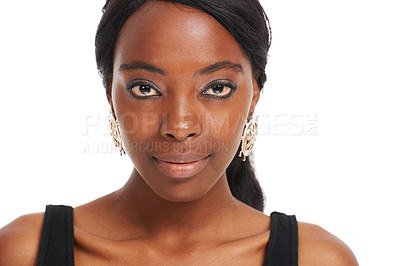 Buy stock photo Beauty, makeup and confidence with portrait of black woman and mockup for attractive, youth and designer. Creative, cute and elegant with face of girl on white background for modern, trendy or style