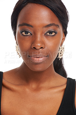 Buy stock photo Beauty, makeup and confidence with portrait of black woman for attractive, studio and fashion. Creative, cute and cosmetics with face of girl isolated on white background for modern, trendy or style