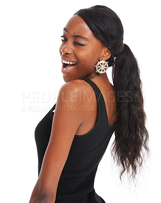 Buy stock photo Wink, support and smile with portrait of black woman in studio for thank you and like. Yes, flirty and happy female model with winner face or emoji isolated on white background mockup