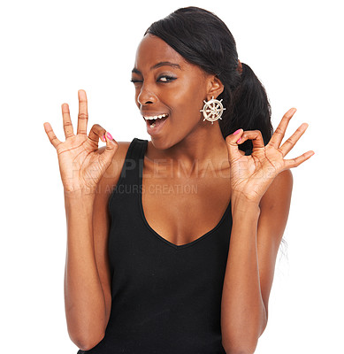 Buy stock photo Wink, okay and winner with portrait of black woman for social media, thank you or support. Success, yes and feedback with girl and hand gesture for target, goals or emoji isolated on white background