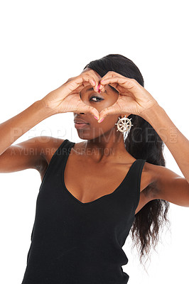 Buy stock photo Heart, eye and hands with portrait of black woman and mockup for attractive, youth and designer. Creative, cute and love sign with female isolated on white background for modern, trendy or emoji