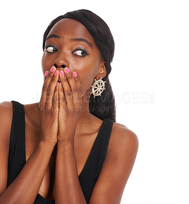 Buy stock photo Wow, shock and surprise with black woman in studio and mockup for advertising, sale and deal. Creative, idea and omg with female isolated on white background for announcement, secret or notification 