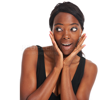 Buy stock photo Young African woman looking shocked and surprised while isolated on white - copyspace