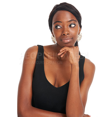 Buy stock photo Beauty, thinking and idea with black woman and mockup for attractive, youth and designer. Creative, cute and elegant with face of girl model isolated on white background for modern, trendy or real