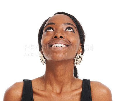 Buy stock photo Woman, looking up and studio smile for fashion beauty or shopping deal, advertising or promotion. Black female, retail and mockup for review or logo for branding, sale or giveaway on white background