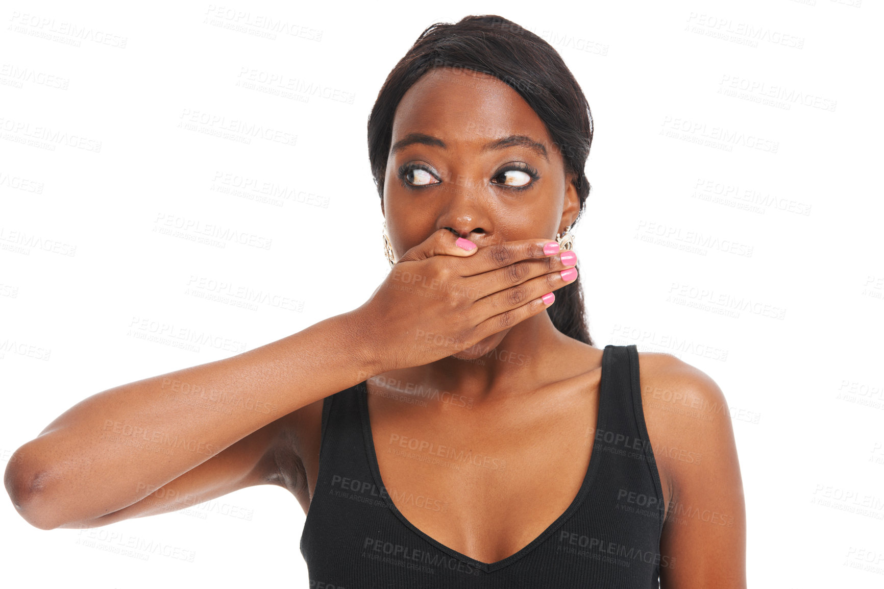 Buy stock photo Wow, doubt and confused with black woman and mockup for advertising, sale and deal. Creative, idea and omg with face of girl isolated on white background for announcement, secret and shock