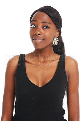 Buy stock photo Confused looking African young woman isolated on white