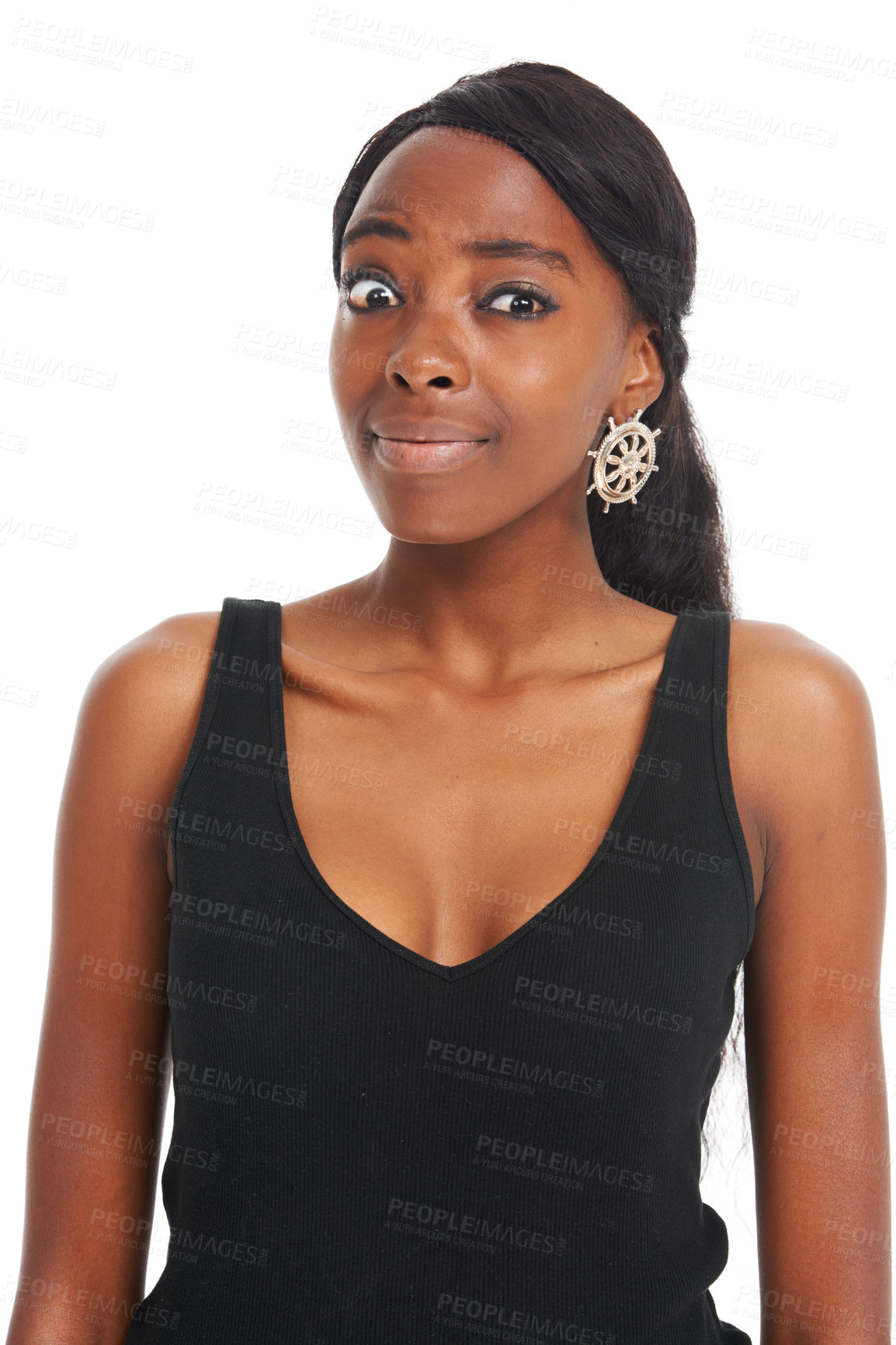 Buy stock photo Confused looking African young woman isolated on white