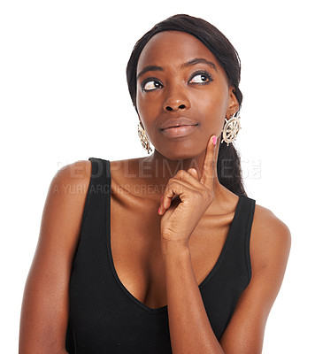Buy stock photo Thinking, idea and confused with face of black woman for announcement, deal and designer. Creative, contemplating and elegant with girl isolated on white background for modern, advertising and real