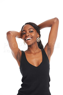 Buy stock photo Woman, smile and studio fashion portrait for luxury design outfit, good mood or happy positive attitude. Female model person, face and clothes trend style for glamour beauty, Nigeria or unique look