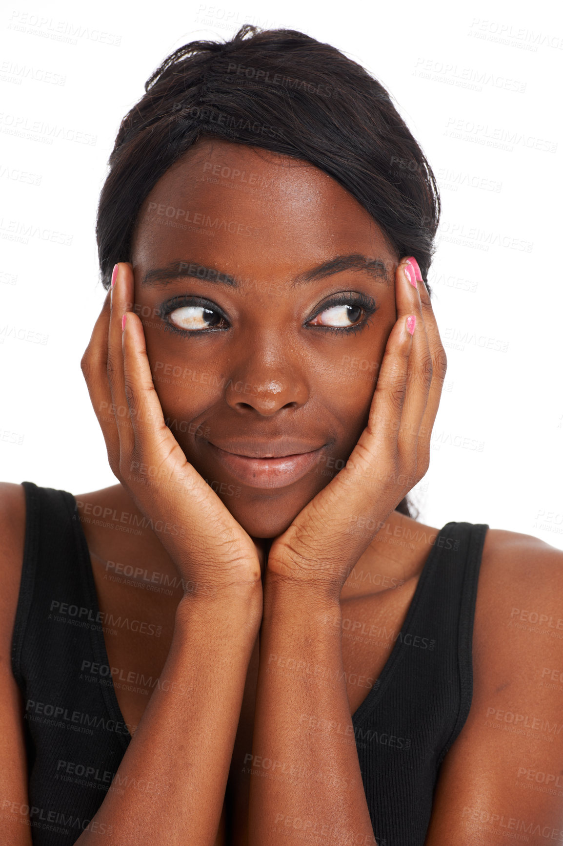 Buy stock photo Woman, head and hands in studio for beauty skincare facial wellness, cosmetic health or thinking. African female, glow shine face or natural beauty for dermatology results, happiness or clean product