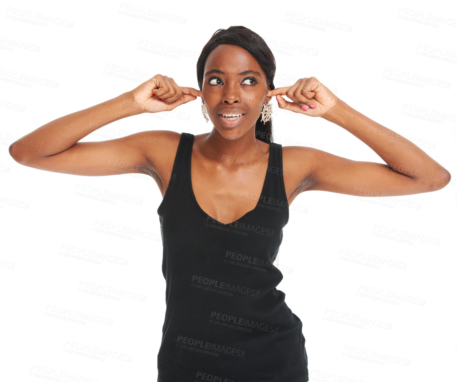 Buy stock photo Woman, block ears noise and studio stress social anxiety or mad, headache pain or hearing problem. African female model, white background and healthcare fatigue or work burnout, tinnitus or infection