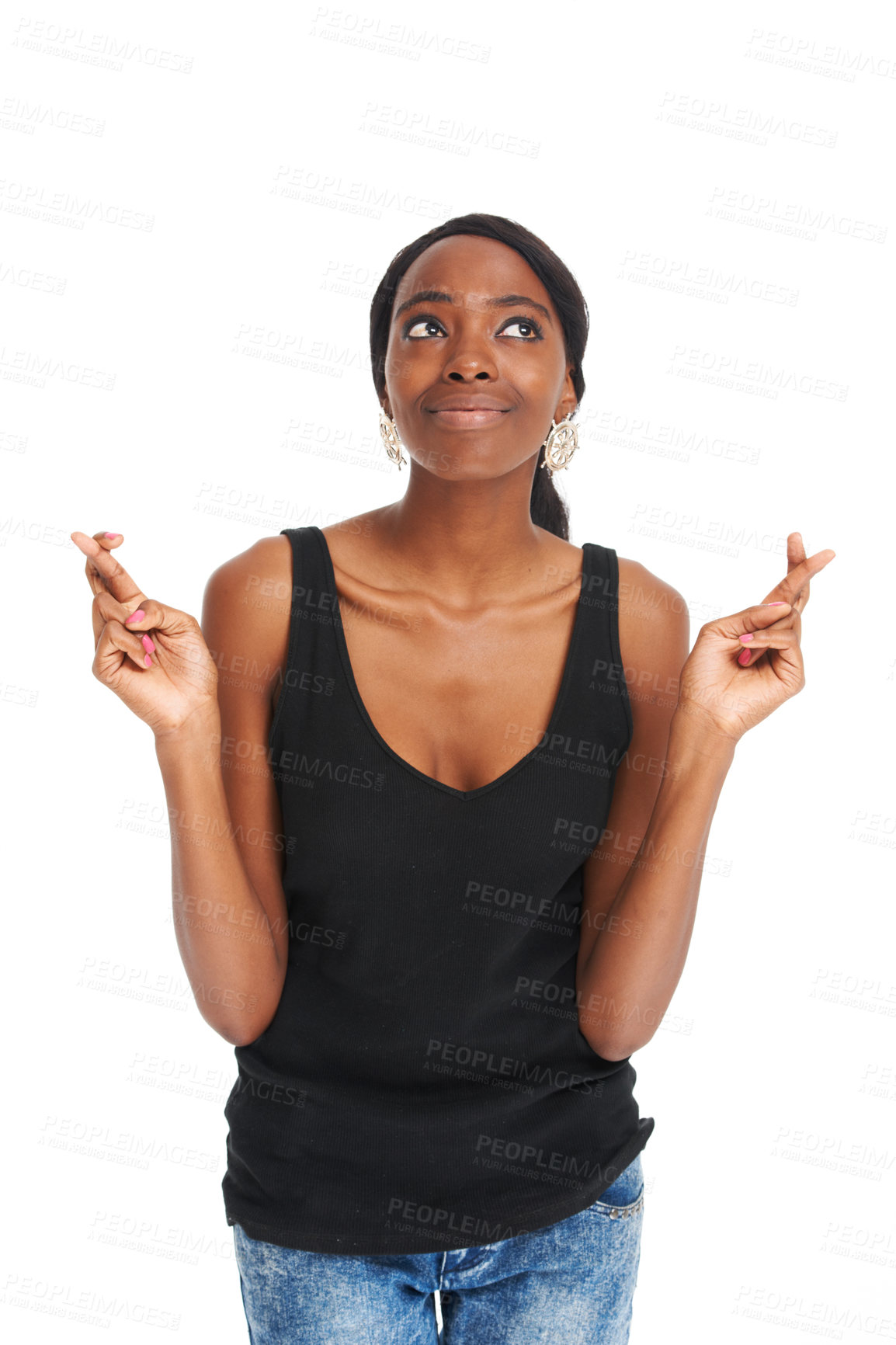 Buy stock photo Fingers crossed, smile and hope with black woman and thinking for good luck, wishing and happy. Superstition, planning and creative with girl isolated on white background for goals, target and sign
