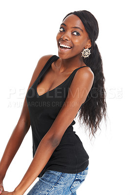 Buy stock photo Woman, excited and fashion in studio for luxury design, happiness or natural smile. African female, face and white background for stylish trend or designer clothes, confident beauty or funny mood