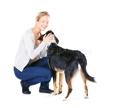 Buy stock photo Love, pets and woman with dog and smile on white background with mockup and product placement. Best friends, happy woman and animal playing and training with pet care and loyalty together in studio.