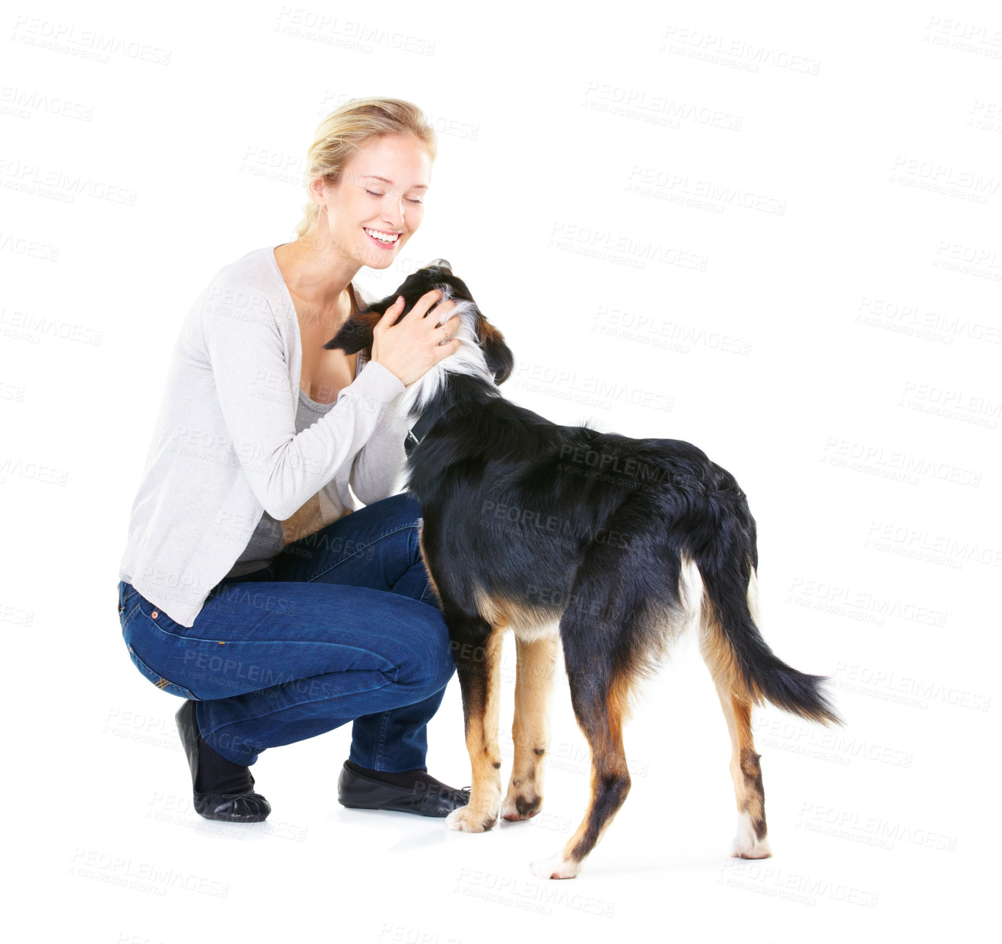 Buy stock photo Love, pets and woman with dog and smile on white background with mockup and product placement. Best friends, happy woman and animal playing and training with pet care and loyalty together in studio.