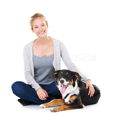 Buy stock photo Dog, woman and love of pet portrait with loyalty, health and happiness of animal for marketing. Care, trust and bond of happy girl with furry companion in white studio background with mockup.

