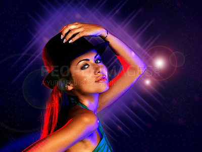 Buy stock photo Disco event, sexy woman flirting, techno dj dancer at new years party and festive hat. Night club music promotion, attractive beautiful girl dancing and colorful nightlife flare light background