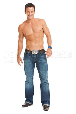 Buy stock photo Isolated man, smile and shirtless with jeans for fitness, wellness and health by white background. Young male, bodybuilder and happy for muscle development, growth and fashion in studio portrait