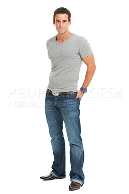 Buy stock photo Serious young man, portrait in a studio with casual fashion and confidence with pride. White background, tshirt and modern guy style of male person, isolated, proud and confident, stylish model