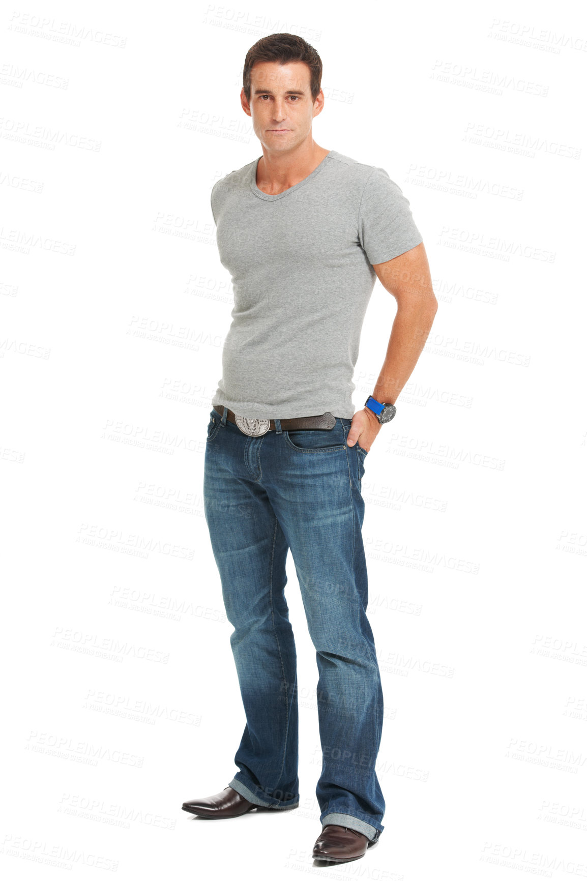 Buy stock photo Serious young man, portrait in a studio with casual fashion and confidence with pride. White background, tshirt and modern guy style of male person, isolated, proud and confident, stylish model