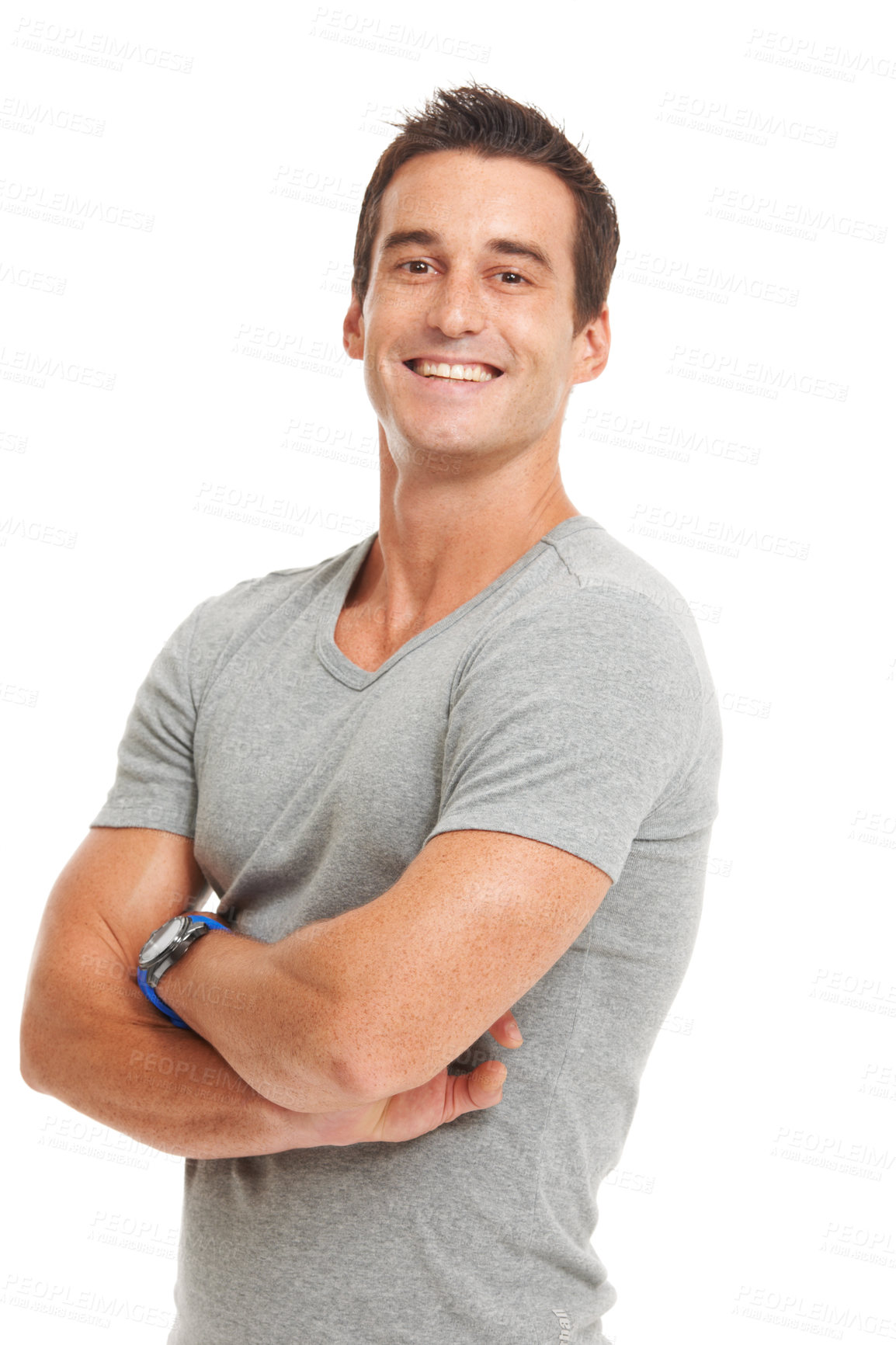 Buy stock photo Man, portrait and arms crossed in studio with pride and casual fashion with a smile. White background, male person and model confidence with strong, style and tshirt with happiness and smiling