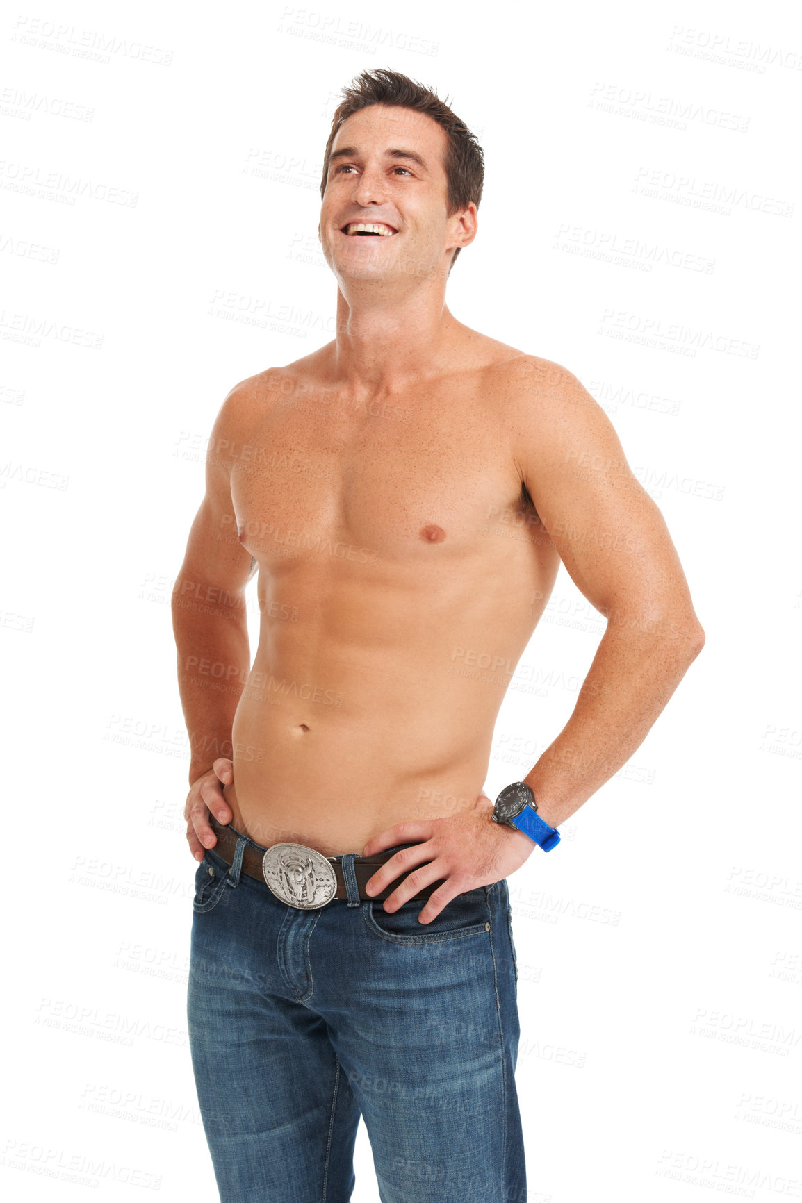 Buy stock photo Man, body and laugh with muscle, jeans or fitness for clothes, wellness or health by white background. Isolated, bodybuilder and vision for development, growth or shirtless fashion by studio backdrop