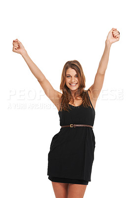 Buy stock photo Woman, arms up and celebrate studio fashion smile for promotion branding, winning or excited. Female person, happy cheers and emoji achievement wow advertising, announcement or prize giveaway reward