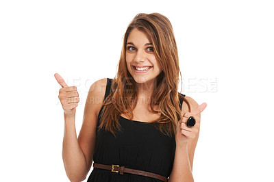 Buy stock photo Woman, thumbs up and smile portrait giveaway winner, advertising branding in studio. Female person, hand gesture and yes emoji agreement for promotion happy, approval, feedback or achievement sign