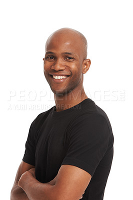 Buy stock photo Portrait, happiness and man with arms folded for confident, proud model and studio by white background. African person, mindset and success attitude in casual fashion, smile and guy from nigeria