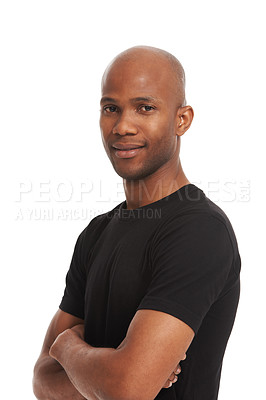 Buy stock photo Studio portrait, man and arms folded with smile on white background with about us for mock up. Black model, casual t-shirt and confident with success mindset, power attitude and creative designer