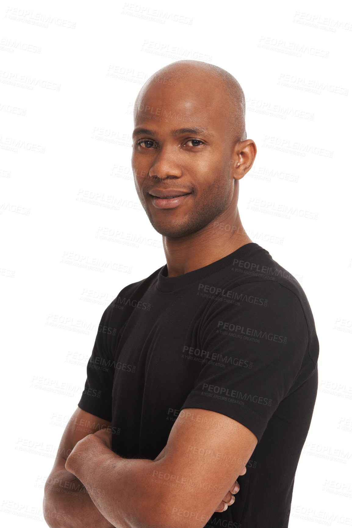 Buy stock photo Studio portrait, man and arms folded with smile on white background with about us for mock up. Black model, casual t-shirt and confident with success mindset, power attitude and creative designer