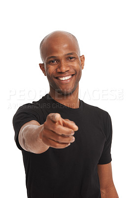 Buy stock photo Portrait, happiness and man pointing for choice with selection and white studio background. African person, casual fashion and announcement with decision for sign up, hiring and smile by hand gesture