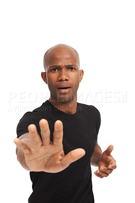 Buy stock photo Portrait, man and hand gesture for stop for warning, order and threat in close up by white background. Black model, authority and body language with attention, danger or protest for protect in studio