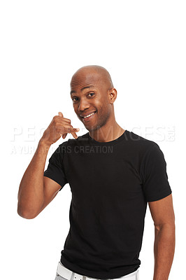 Buy stock photo Studio portrait, man and hand gesture for call me, communication and invite to connect by white background.  Black person, smile and friendly with social interaction, friendship and contact us sign
