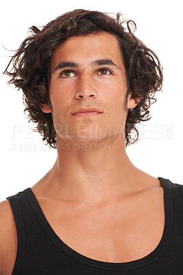 Buy stock photo Serious, thinking and face of man on a white background with confidence, pride and vision. Ideas, confident and isolated Australian male person in studio for thoughtful, contemplation and wonder