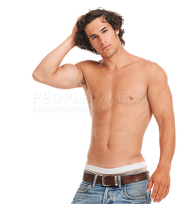 Buy stock photo Sexy, jeans and shirtless with portrait of man for fashion, fitness and casual style. Health, body and muscle with male model isolated on white background for strong, diet and training mockup