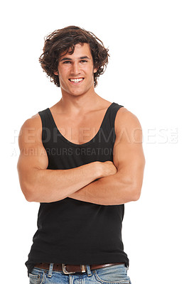 Buy stock photo Fashion, happy and portrait of man on a white background with confidence, crossed arms and muscles. Confident, happiness and isolated Australian male person in studio for wellness, smile and pride