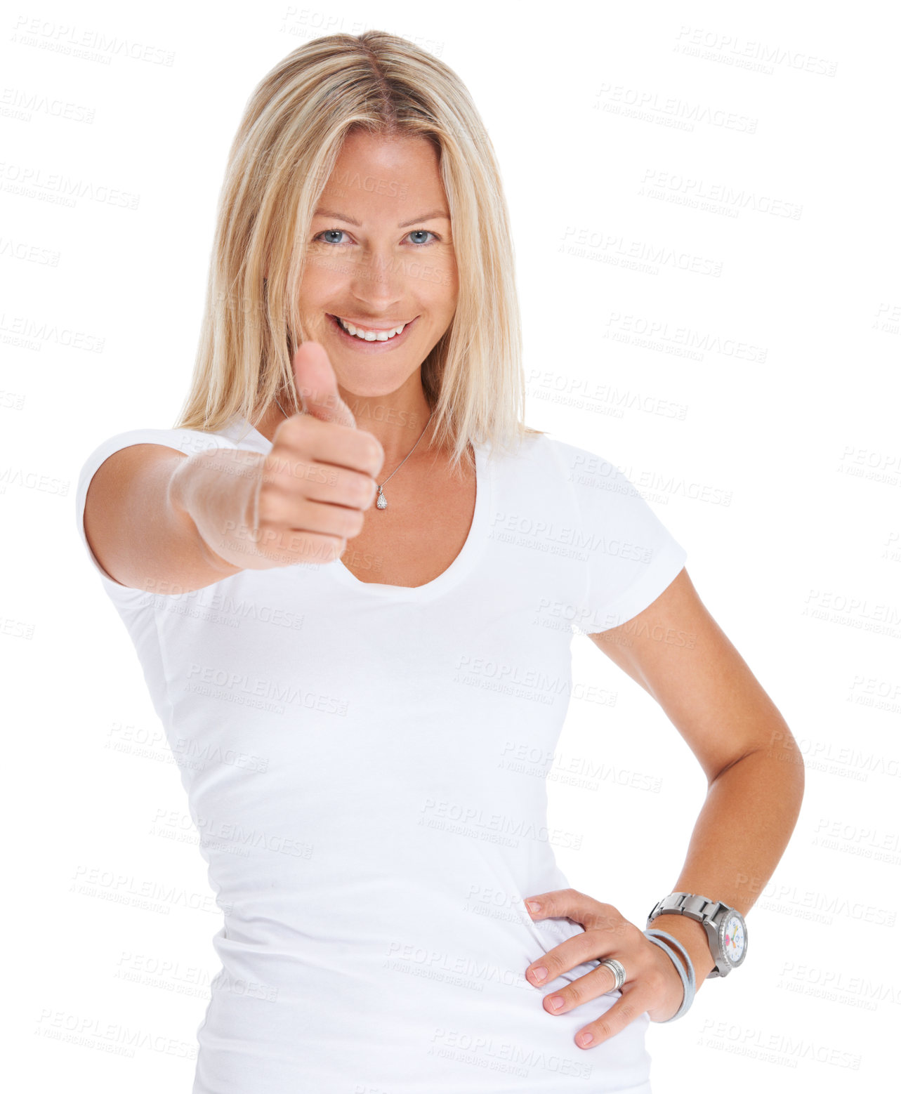 Buy stock photo Woman, thumbs up and happy portrait in studio for achievement, goal or support. Face of female model isolated on a white background to show hands, sign or emoji for like review, opinion or thank you