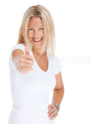 Buy stock photo Thumbs up, woman and happy portrait in studio for vote, goal or support. Face of female model isolated on a white background to show hands, sign or emoji icon for like review, feedback or thank you